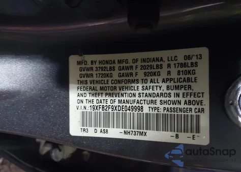 2013 Honda Civic Ex-L z USA, uszkodzony, nr VIN 19XFB2F9XDE049998